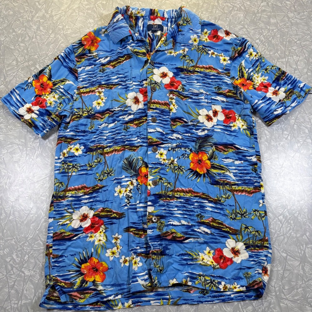 George Mens Blue Tropical Hibiscus Aloha Shirt Small Rayon GE13100056829